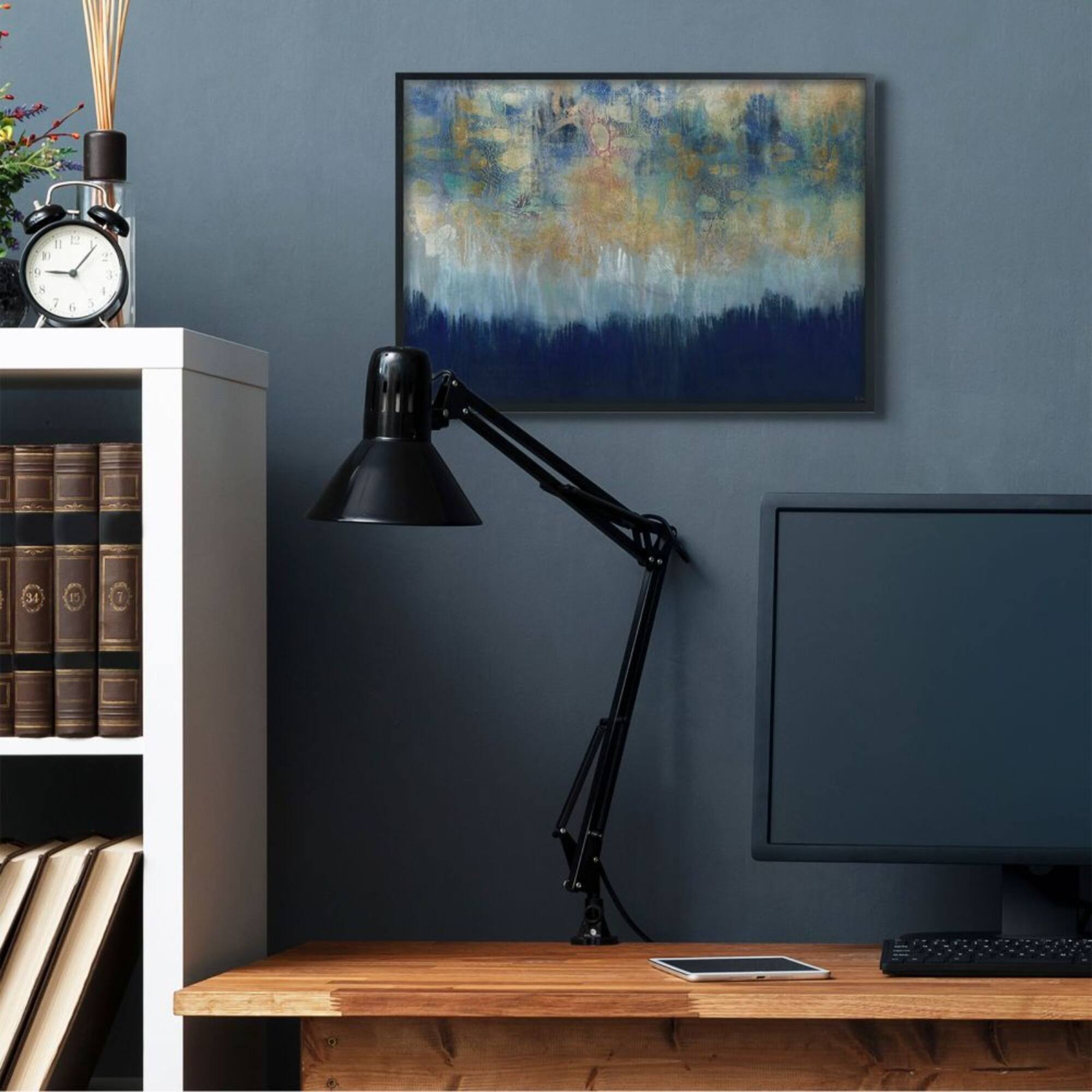 Stupell Industries Abstract Gold Blue Textured Surface Painting Black Framed Wall Art